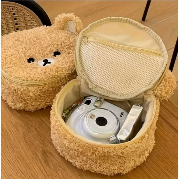 Furry Fluffy Bear Travel Cosmetic Bag Stitched Face - Picture 7 of 8